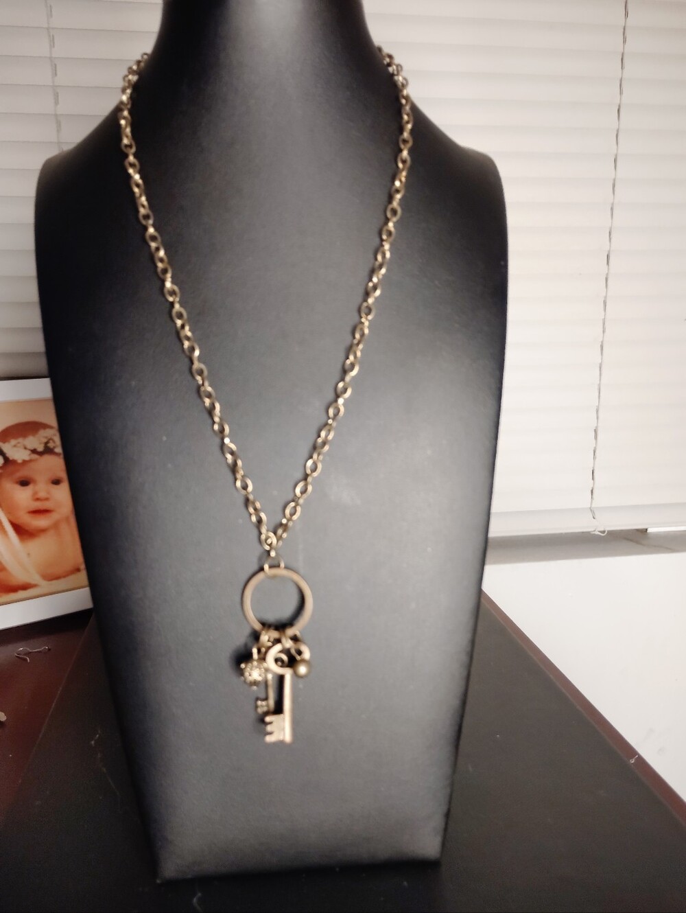 Antiqued Gold Tone Key Charm Long Necklace Double Key Pendant